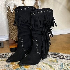 Black Fringe 100% Leather Boots | size 6.5